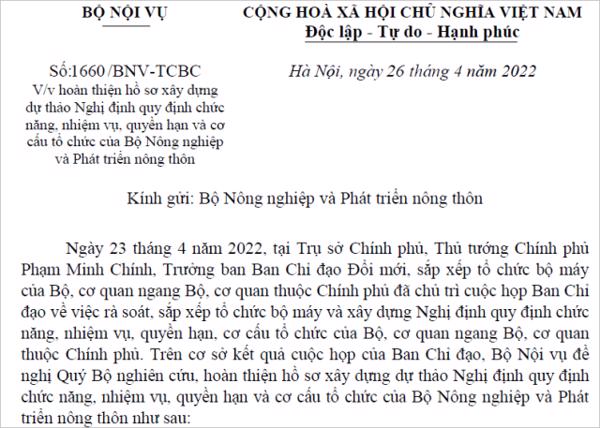 V/v hoàn thiện hồ sơ xây dựng dự thảo Nghị định quy định chức năng, nhiệm vụ, quyền hạn và cơ cấu tổ chức của Bộ Nông nghiệp và Phát triển nông thôn