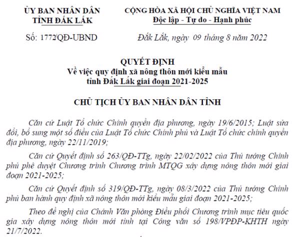 QUYẾT ĐỊNH: Về việc quy định xã nông thôn mới kiểu mẫu tỉnh Đắk Lắk giai đoạn 2021-2025