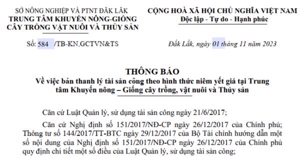 Thông báo: Về việc bán thanh lý tài sản công theo hình thức niêm yết giá tại Trung tâm Khuyến nông – Giống cây trồng, vật nuôi và Thủy sản