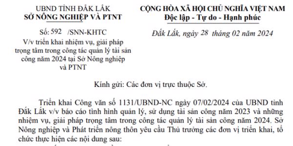 Công văn: Về việc triển khai nhiệm vụ, giải pháp trọng tâm trong công tác quản lý tài sản công năm 2024 tại Sở Nông nghiệp và PTNT