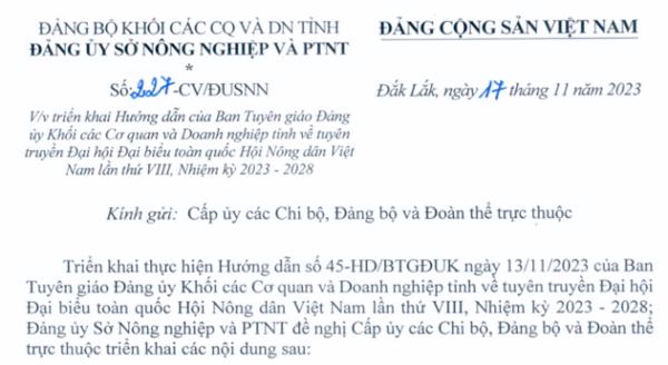 Công văn: Về việc triển khai Hướng dẫn của Ban Tuyên giáo ĐUKCQ DN tỉnh về tuyên truyền Đại hội Đại biểu toàn quốc HNDVN lần thứ VIII, NK 2023-2028