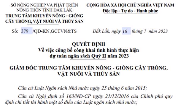 QUYẾT ĐỊNH:  Về việc công bố công khai tình hình thực hiện dự toán ngân sách Quý II năm 2023