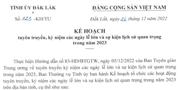 KẾ HOẠCH: Tuyên truyền, kỷ niệm các ngày lễ lớn và sự kiện lịch sử quan trọng trong năm 2023