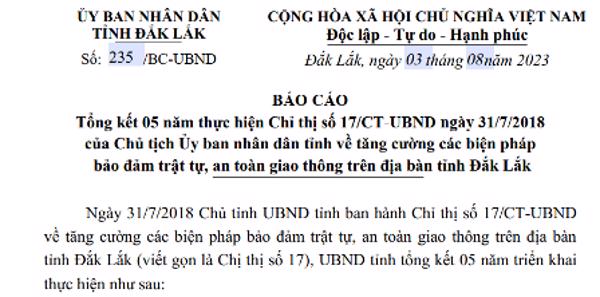 BÁO CÁO: Tổng kết 05 năm thực hiện Chỉ thị số 17/CT-UBND ngày 31/7/2018 của Chủ tịch ỦBND tỉnh về tăng cường các biện pháp bảo đảm trật tự, ATGT  