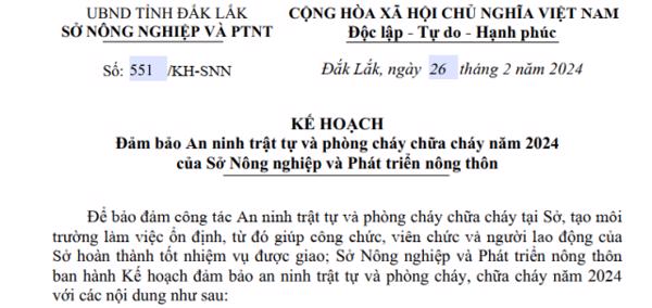 KẾ HOẠCH: Đảm bảo An ninh trật tự và phòng cháy chữa cháy năm 2024 của Sở Nông nghiệp và Phát triển nông thôn