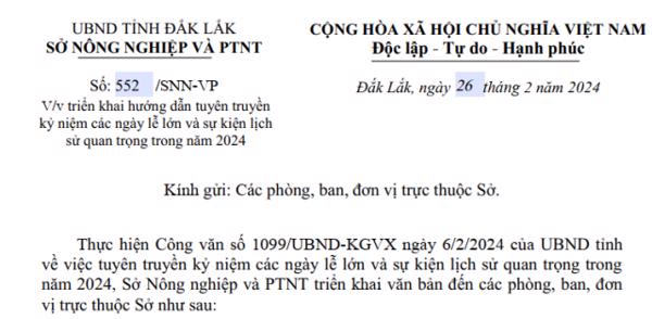 Công văn: Về việc triển khai hướng dẫn tuyên truyền kỷ niệm các ngày lễ lớn và sự kiện lịch sử quan trọng trong năm 2024