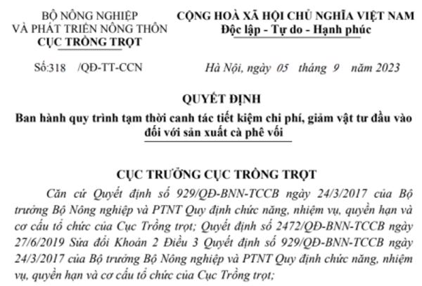 QUYẾT ĐỊNH:  Ban hành quy trình tạm thời canh tác tiết kiệm chi phí, giảm vật tư đầu vào  đối với sản xuất cà phê vối