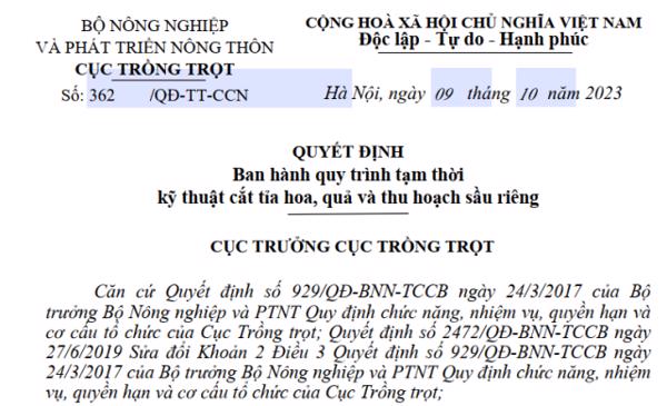 QUYẾT ĐỊNH: Ban hành quy trình tạm thời  kỹ thuật cắt tỉa hoa, quả và thu hoạch sầu riêng