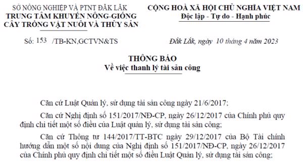 THÔNG BÁO: Về việc thanh lý tài sản công