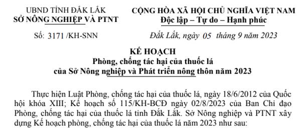 KẾ HOẠCH:  Phòng, chống tác hại của thuốc lá  của Sở Nông nghiệp và Phát triển nông thôn năm 2023