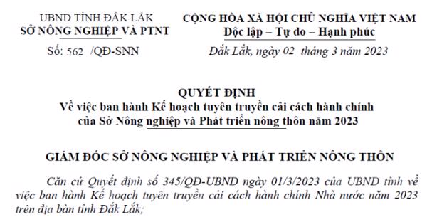 QUYẾT ĐỊNH:  Về việc ban hành Kế hoạch tuyên truyền cải cách hành chính của Sở Nông nghiệp và Phát triển nông thôn năm 2023