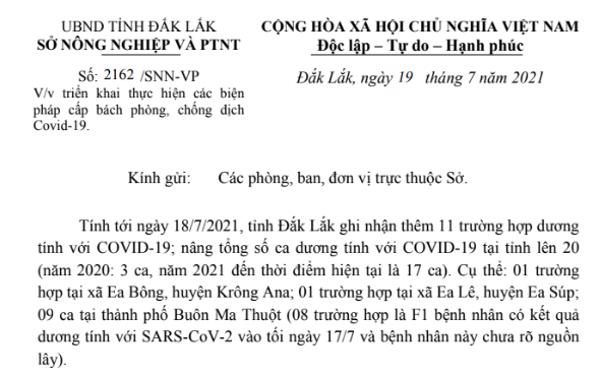 Văn bản chỉ đạo của Sở Nông nghiệp và PTNT v/v phòng, chống dịch Covid - 19