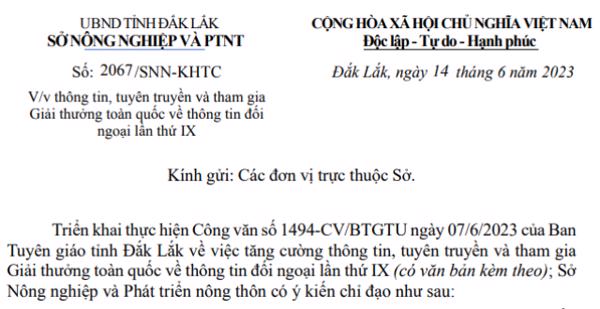 Công văn: Về việc thông tin, tuyên truyền và tham gia Giải thưởng toàn quốc về Thông tin đối ngoại lần thứ IX