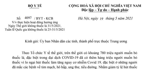 V/v thực hiện hoạt động hưởng ứng Ngày Thế giới không thuốc lá 31/5/2021, Tuần lễ Quốc gia không thuốc lá 25-31/5/2021