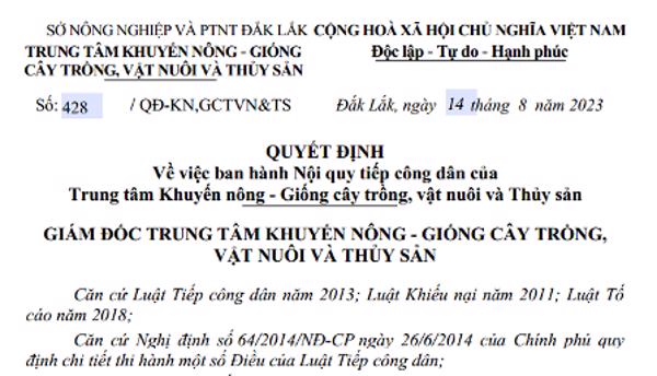 QUYẾT ĐỊNH:  Về việc ban hành Nội quy tiếp công dân của  Trung tâm Khuyến nông - Giống cây trồng, vật nuôi và Thủy sản