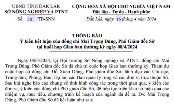 THÔNG BÁO: Ý kiến kết luận của đồng chí Mai Trọng Dũng, Phó Giám đốc Sở tại buổi họp Giao ban thường kỳ ngày 08/4/2024