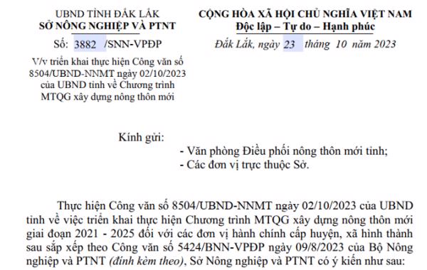 Công văn: Về việc  triển khai thực hiện Công văn số 8504/UBND-NNMT ngày 02/10/2023 của UBND tỉnh về Chương trình MTQG xây dựng nông thôn mới