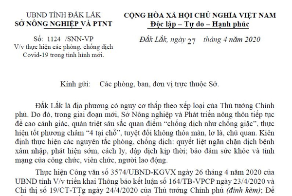 VB - Sở Nông nghiệp: Triển khai thực hiện tốt công tác phòng chống dịch Covid-19 trong tình hình mới