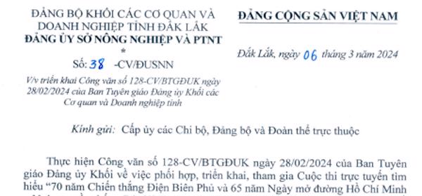 Công văn: Về việc Triển khai Công văn số 128-CV/BTGĐUK ngày 28 tháng 02 năm 2024 của Ban Tuyên giáo của Đảng ủy Khối các Cơ quan Doanh nghiệp tỉnh