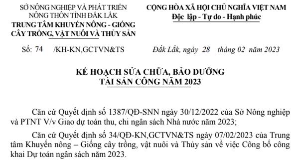 KẾ HOẠCH:  Sửa chữa, bảo dưỡng tài sản công năm 2023