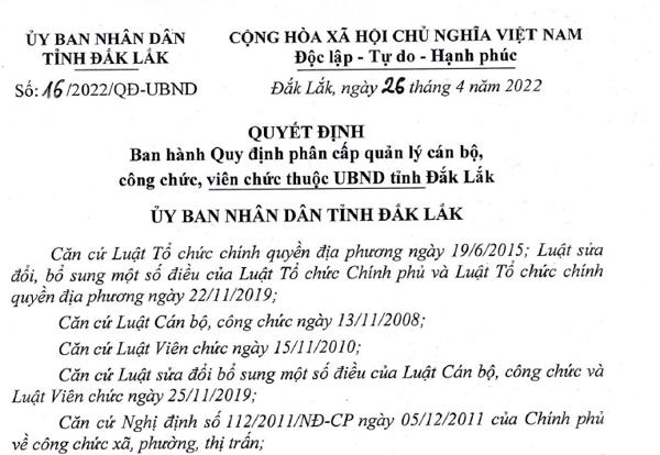 QUYẾT ĐỊNH:  Ban hành Quy định phân cấp quản lý cán bộ, công chức, viên chức thuộc UBND tỉnh Đắk Lắk