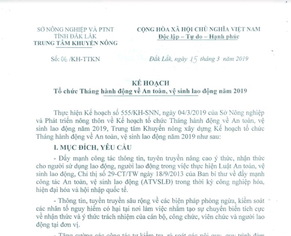 Kế hoạch tổ chức tháng hành động về an toàn, vệ sinh lao động năm 2019