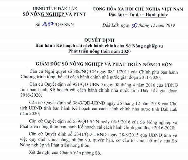 Kế hoạch tuyên truyền cải cách hành chính của Sở Nông nghiệp và PTNT năm 2020