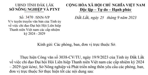 Công văn: Về việc tuyên truyền văn bản của Tỉnh ủy về việc chỉ đạo Đại hội Hội Liên hiệp Thanh niên Việt nam các cấp nhiệm kỳ 2024 - 2029