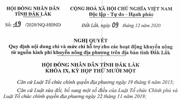 Nghị quyết số 19/2020/NQ-HĐND, ngày 09/12/2020: Quy định nội dung chi và mức chi hỗ trợ cho các hoạt động khuyến nông từ nguồn kinh phí khuyến ...