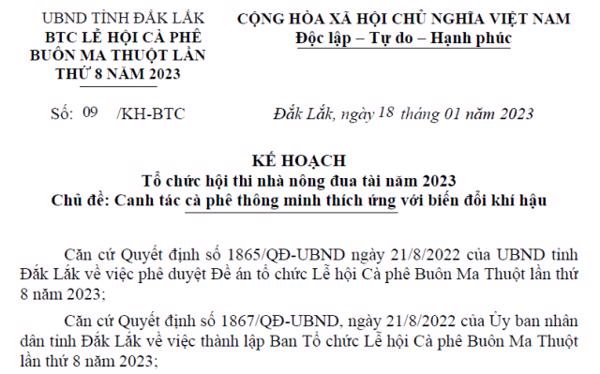 KẾ HOẠCH: Tổ chức hội thi nhà nông đua tài năm 2023  Chủ đề: Canh tác cà phê thông minh thích ứng với biến đổi khí hậu