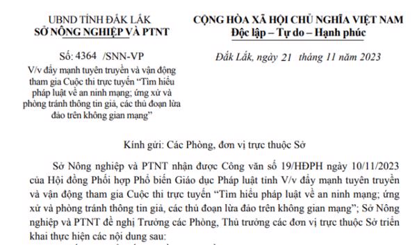 Công văn: V/v đẩy mạnh TT,  vận động tham gia Cuộc thi TT"Tìm hiểu PL,ANM, ứng xử, phòng tránh TT giả, các thủ đoạn lừa đảo trên không gian mạng"