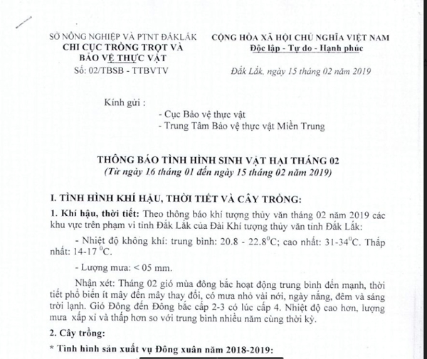 Thông báo tình hình sinh vật hại tháng 02/2019