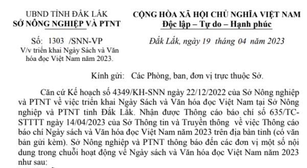 CÔNG VĂN: triển khai Ngày Sách và Văn hóa đọc Việt Nam năm 2023.