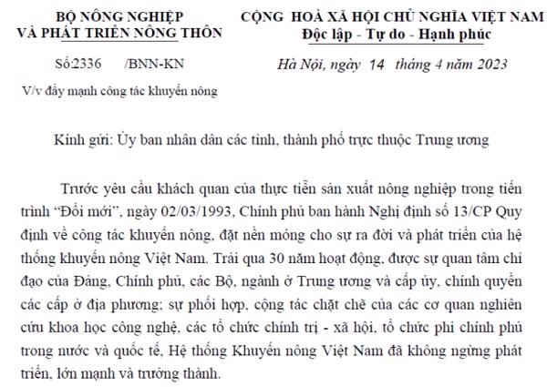 CÔNG VĂN: Về việc đẩy mạnh công tác khuyến nông