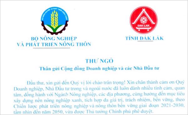 THƯ NGỎ CỦA BỘ TRƯỞNG BỘ NÔNG NGHIỆP VÀ PHÁT TRIỂN NÔNG THÔN VÀ BÍ THƯ TỈNH ỦY ĐẮK LẮK GỬI ĐẾN CỘNG ĐỒNG DOANH NGHIỆP, NHÀ ĐẦU TƯ