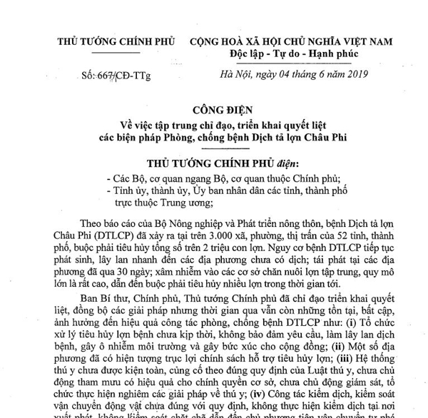 Công điện về việc tập trung chỉ đạo, triển khai quyết liệt các biện pháp phòng, chống bệnh dịch tả lợn Châu phi