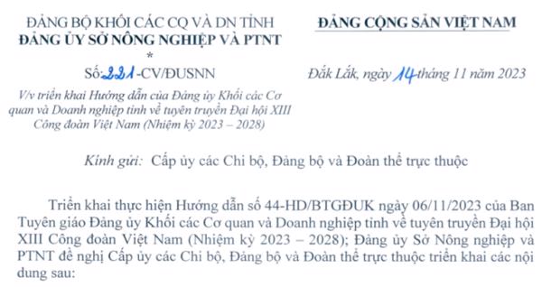 Công văn: Về việc triển khai hướng dẫn của Đảng ủy Khối các Cơ quan và Doanh nghiệp tỉnh về tuyên truyền Đại hội XIII CĐ Việt Nam (Nhiệm kỳ 2023-2028)