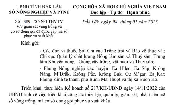 CÔNG VĂN: Về việc giám sát vùng trồng và cơ sở đóng gói đã được cấp mã số phục vụ xuất khẩu