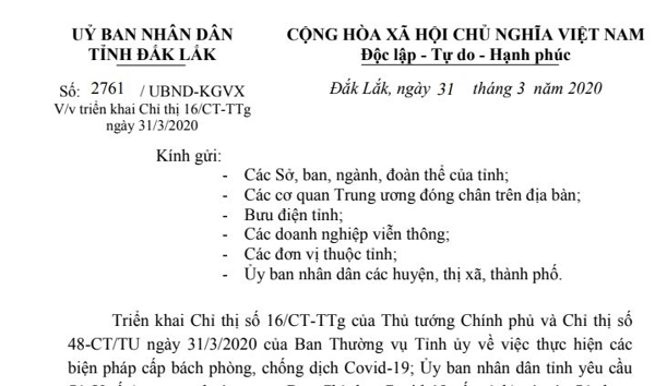 VB UBND tỉnh - Triển khai thực hiện các biện pháp cấp bách phòng, chống dịch Covid-19