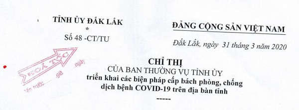 VB Tỉnh ủy - Triển khai thực hiện các biện pháp cấp bách phòng, chống dịch Covid-19