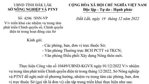 CÔNG VĂN: Triển khai các nhiệm vụ trọng tâm phát triển Chính quyền số, Chính quyền điện tử trong hoạt động của Sở