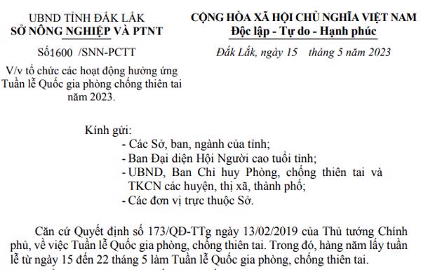 Công văn: Về việc tổ chức các hoạt động hưởng ứng Tuần lễ Quốc gia phòng chống thiên tai năm 2023.