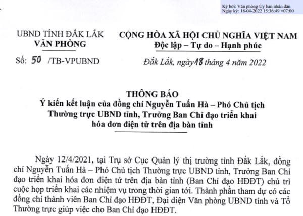 Thông báo: Ý kiến kết luận của đ/c Nguyễn Tuấn Hà - Phó Chủ tịch Thường trực của UBND tỉnh, Trưởng BCĐ triển khai hoá đơn điện tử trên địa bàn tỉnh