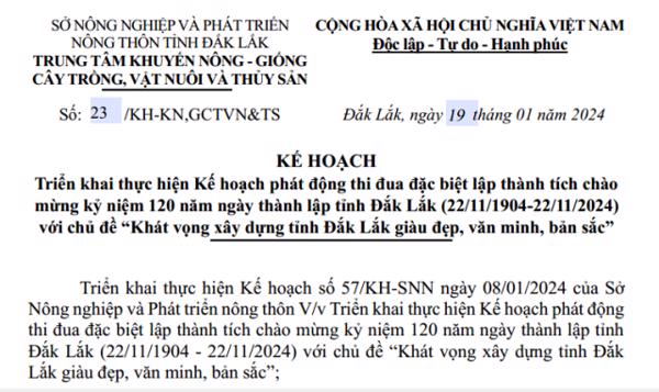 KẾ HOẠCH: Triển khai thực hiện Kế hoạch phát động thi đua đặc biệt lập thành tích chào mừng kỷ niệm 120 năm ngày thành lập tỉnh Đắk Lắk...............