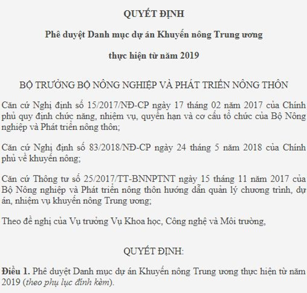 Quyết định phê duyệt Danh mục dự án Khuyến nông Trung ương thực hiện từ năm 2019