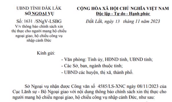 Thông báo: Về việc thông báo chính sách xin thị thực cho người mang hộ chiếu ngoại giao, hộ chiếu công vụ nhập cảnh Đức 