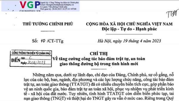 Chỉ thị: Về công tác tăng cường đảm bảo trật tự, an toàn giao thông đường bộ trong tình hình mới