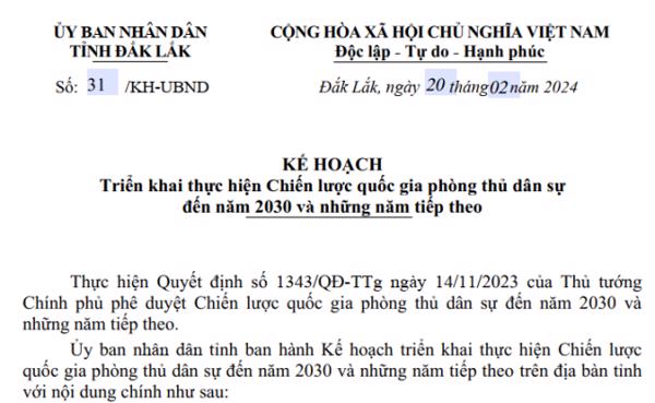 KẾ HOẠCH: Triển khai thực hiện Chiến lược quốc gia phòng thủ dân sự đến năm 2030 và những năm tiếp theo