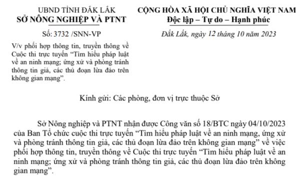 Công văn: V/v phối hợp TTTT về Cuộc thi trực tuyến “Tìm hiểu PL về ANM; ứng xử, phòng tránh thông tin giả, các thủ đoạn lừa đảo trên không gian mạng"