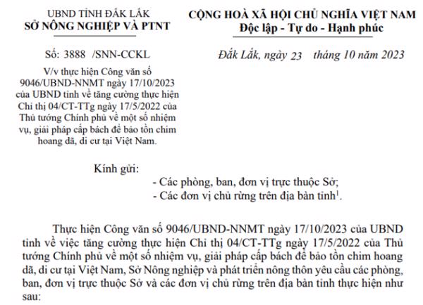 Công văn:  Về việc thực hiện công văn số 9046/UBND-NNMT ngày 17/10/2023 của UBND tỉnh về tăng cường thực hiện Chỉ thị 04/CT-TTg ngày 17/5/2022 ......